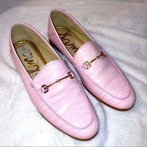 SAM EDELMAN Loraine Croc embossed pink patent leather loafer gold horsebit sz 9